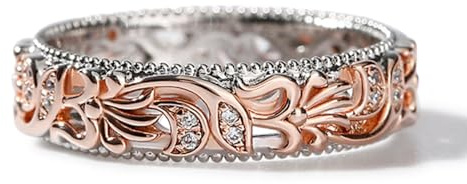 Jeulia Floral Ring Band 0.13ct Sterling Silver Two Tone Leaf Carved Engagement Ring Rose Gold Plated Couple Rings Anniversary Promise Jewelry Gift Box for Wife Men (Women, J-½)