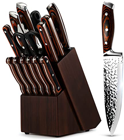Kitchen Knife Set,15-Piece Knife Set With Block Wooden,Self Sharpening For Chef Knife Set,High Carbon Japan Stainless Steel Hammered Collection Knife Block Set with Steak Knives, Boxed Knife Set
