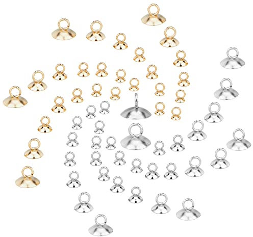 SUNNYCLUE 1 Box 100 Stück 5 Größen Perlenkappen Anhänger Edelstahl Mini Glaskugeln Globus Runde Kappen Bails Perle Abstandsverschluss Dangle Charms Für DIY Schmuckherstellung Ohrringe Silber Golden