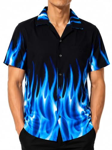 King Kameha Herren Hawaiihemd Kurzarm, Sommer Aloha Shirt mit Flammen Print