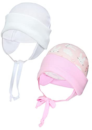 TupTam Baby Erstlingsmütze mit Ohrenklappen 2er Pack, Farbe: Kaninchen Rosa/Weiß, Größe: 62-68