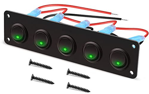 RUNCCI-YUN 12V pannello interruttore,Pulsante Interruttore Rotondo,12-24V 5 Gruppi Pannello interruttori a levetta LED,Pannello Interruttori a Bilanciere per Auto, Barca, Camion (Verde)