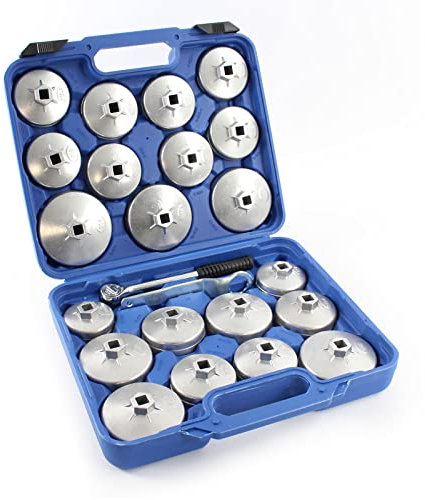 XPOtool Ölfilterkappen Set 23-teilig, Ölfilterschlüssel 65-101 mm, inklusive Ratsche und Ringschlüssel, im Werkzeugkoffer, Ölwechsel Werkzeug aus Aluminium Druckguss