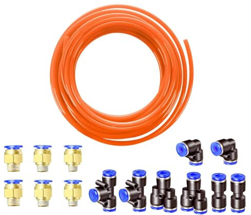 HUAZIZ 10 Meter Orange PU Pneumatikschlauch Pneumatic Polyurethane Schlauch Flexibel Druckluftschlauch Außen 12 mm x Innen 8 mm, mit Pneumatikverbinder Air Push-Schnellkupplungen (Y/T/L/I förmig)