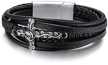 GoldChic Wikinger Herren Wickelarmband 21cm lang Männer Jungen Lederarmband Schwarz Hip Hop Kreuz Lederarmbänder Braceket Armkette