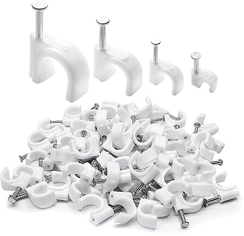 PHITUODA 400 clips de cable, 4 mm, 6 mm, 8 mm, 10 mm, gancho en J de media abrazadera con clavo, clips de cable Ethernet, clips de clavos, clips de tachuelas, color blanco