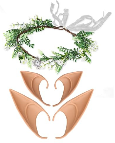 Yolev 2 Paar Elfenohren Haare Blumenkranz Set Lang Kurz Feenohren Kleine Elfenohren Halloween Zubehör Weihnachts Elfen Cosplay Kostüm Zubehör