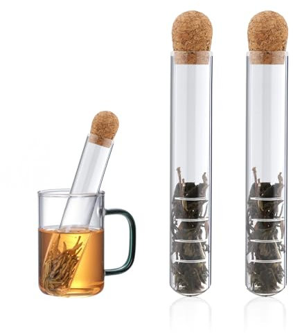 Jeffdad Lot de 2 passoires à thé en verre résistant à la chaleur pour tasse - En verre transparent - Pour thé en vrac - Avec liège, micro-perforé - Pour la plupart des tasses à thé et bols à thé -