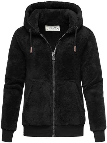 REPUBLIX Damen Teddy Sweatjacke Plüsch Hoodie Pullover Zipper Jacke RD-015 Schwarz XL