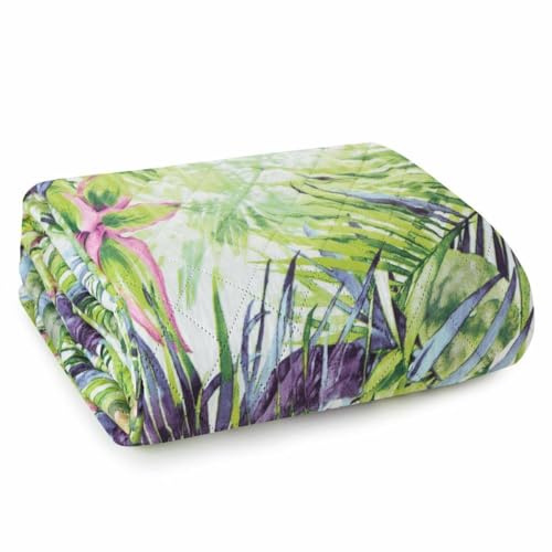 Eurofirany Tagesdecke Bettdecke 200x220 cm weiß grün Mikrofaser Sofaüberwurf Botanisch Deko Modern Schlafzimmer Dekoration Elegant Überwurfdecke