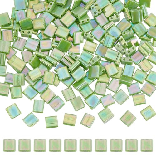 SUNNYCLUE 1 Box 240Pcs 2 Hole Beads 5x5mm Tila Beads Bulk Full Size Rectangle Square Tila Beads Japanese Seed Bead Grass Green Two Hole Beads Loose Spacer Beads for Jewellery Making Kits DIY Supplies