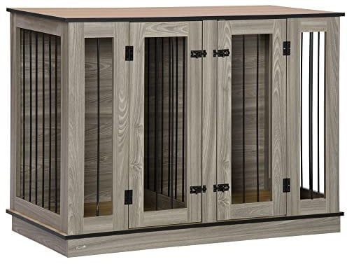 PawHut Tierkäfig Hundehütte mit herausnehmbarem Trennwand Hundebox Hundekäfig Haustierkäfig innen Dunkelwalnuss+Eiche 120 x 60 x 88,5 cm