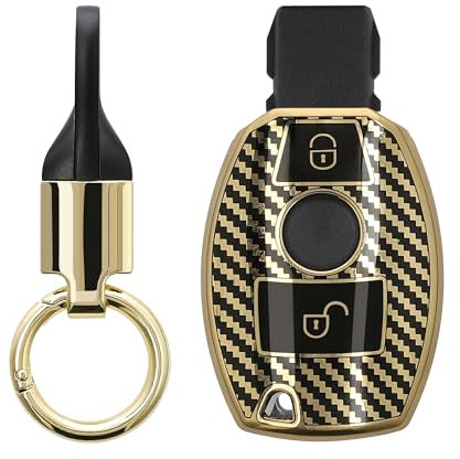 kwmobile Autoschlüssel Hülle kompatibel mit Mercedes Benz 2-Tasten Autoschlüssel (nur Keyless Go) Hülle - Schlüsselhülle mit Key Ring Anhänger - Cover Gold Schwarz