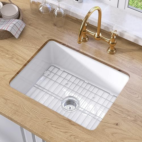 TUKTUK Fregadero de cocina blanco de 24 x 19 pulgadas, fregadero de granja de arcilla refractaria, pequeño tazón individual, montaje superior para barra de preparación, RV, kit de accesorios modernos