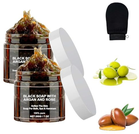Morocco Black Beldi Soap, Schwarze Seife mit Argan und Rose, Morocco Body Scrub, Moroccan Black Soap mit Handschuh (2 Kartons)