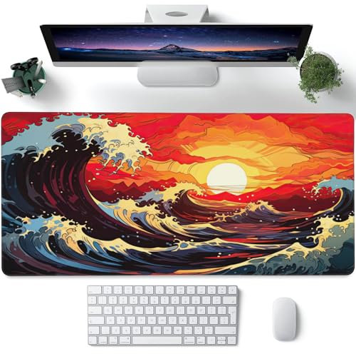 Grand Tapis de Souris de Jeu pour Bureau, Vagues de l'Océan au Coucher du Soleil, Sous-Main pour Clavier d'Ordinateur Avec Base Antidérapante, Bords Cousus 90 x 40 cm