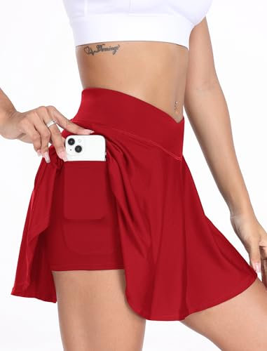 Tennis Rock Damen Sport Golf Skort mit Tasche & Innenhose Minirock Laufrock dehnbar V Bund Hohe Taille Rock Rot M