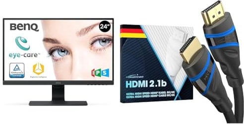 BenQ GW2480 60.5 cm (23.8 inch) LED Monitor (Full HD, Eye-Care, IPS Panel Technology, HDMI, DP & 8K HDMI 2.1 cable – 1.5m – Ultra High Speed HDMI, certified & designed in Germany