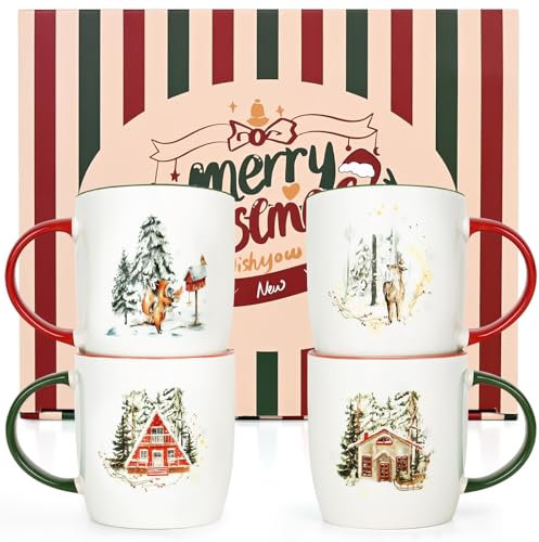 Joymaking Christmas Mugs Set, Christmas Coffee Mugs, Christmas Mug Set of 4 Ceramic, Christmas Mug Gift Set, Christmas Mug for Kids, Xmas Christmas Decor, Marry Christmas Gifts for Women, 11Oz