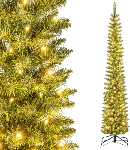 GYMAX 210 cm Albero di Natale Slim, con 200 Luci a LED, 499 Rami, Folto e Realistico, Base Pieghevole in Metallo, Montaggio Facile, Verde