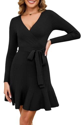 Arach&Cloz Jumper Dress for Women UK V Neck Winter Knitted Wrap Dress Long Sleeve Casual Party Dress with Belt (Black,Medium)