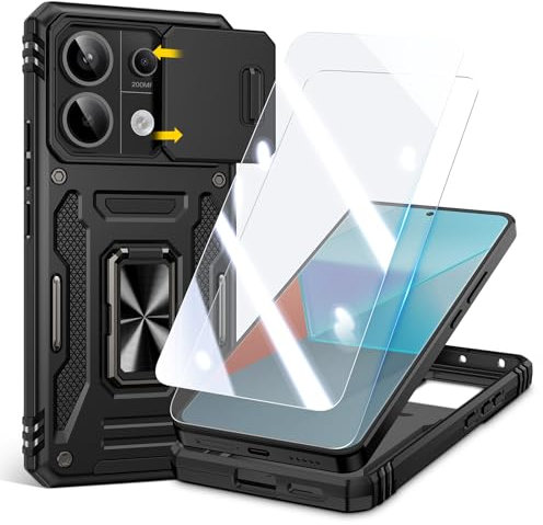 Doeshine Hülle für Xiaomi Redmi Note 13 Pro 5G / Poco X6 5G, Handyhülle mit 2 Stück Displayschutzfolie, Robust Fallschutz Outdoor Militär Schutzhülle, Kameraschutz, Magnetisch Ring Ständer (Schwarz)
