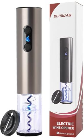 ELMWAY Battery Electric Wine Opener – Electric Corkscrew with Foil Cutter, Dual LED Lights, Transparent Window & Fast Cork Removal, Stainless Steel (Requires 4 AA, Not Included) – Black