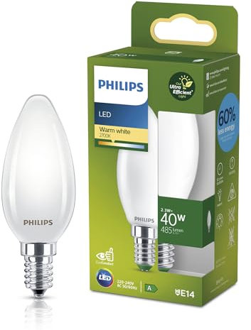 PHILIPS LED Light Bulb Classic, UltraEfficient, 40W, 485Lm, B35, E14 2700K, Frosted Glass, Warm White