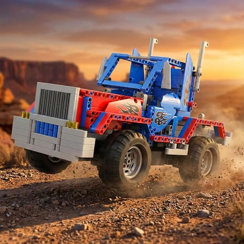 RC ferngesteuerter XXL 36cm Highway US-Truck a. Bausteinen, 531-tlg. 2in1 Technik Steck-Bausatz DIY Spielzeug, Modellbau LKW Auto Klemmbaustein, Zugmaschine, LKW f. Kinder, Erwachsene, Anfänger, Profi