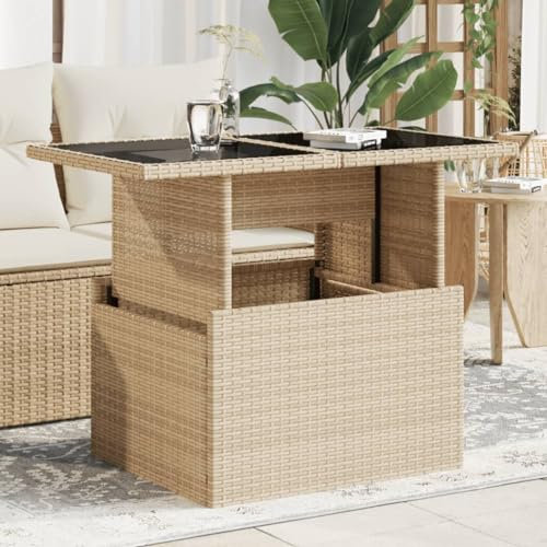 Makastle PE Rattan Gartentisch Garten Esstisch Glasplatte Terrassentisch Partytisch Balkontisch aus Stahlrahmen, Beige 100x55x73 cm