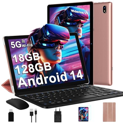 DMOAO Tablette Android 14 avec 5G Wi-FI 6, 18 Go RAM + 128 Go ROM(1 to Extensible), FHD Tablette Tactile avec Widevine L1, BT 5.0, 8 cœurs,2 en 1 Tablette 10 Pouces avec Clavier et Souris, Or Clair