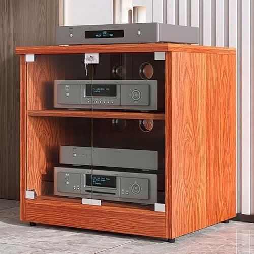 Modern Wood TV Stand with Glass Door Adjustable Shelves Cable Holes Audio Rack & AV Media Storage Cabinet for Stereo Equipment (Brown 2 Tier 120x48x37CM)