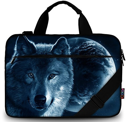 icolor Housse de protection pour ordinateur portable 13 15 avec bandoulière, sacoche pour ordinateur portable 15,6 , en toile, support pour tablette, bloc-notes, sac à main, porte-documents, Loup.,