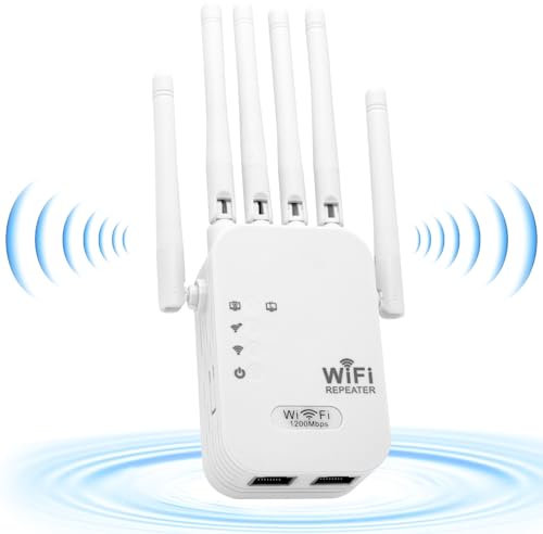 Amplificatore segnale WiFi Extender 1200Mbps Dual Band 1200Mbps WiFi Booster, 5GHz e 2.4GHz Dual Band, 6 antenne Internet Booster, WiFi Extender con porta Ethernet
