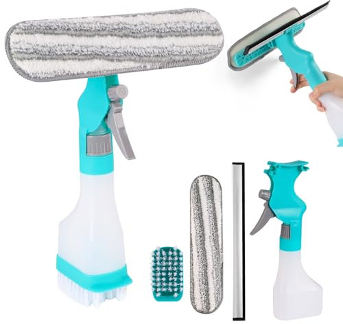 Fensterputzer mit Sprühflasche 4 in 1: Fenster Putzen Set Fensterabzieher Doppelseitig Duschabzieher - für Fenster, Bad, Küche, Auto, Spiegel