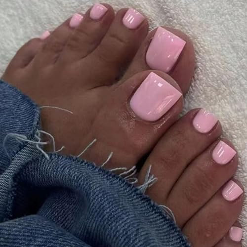 24Pcs French False Toenails, Short Square Bright Pink Press on Toe Nails, Solid Color Acrylic Fake Toe Nails in 12 Sizes, Cute Summer Artificial Beach Full Cover Stick on Toenails for DIY Manicure