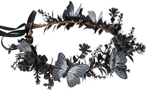 MOSTORY Schwarze Blumenkrone für Damen, Gothic-Blumen-Kreis, Kopfschmuck mit Schmetterling, für Renaissance-Halloween-Fotoshootings