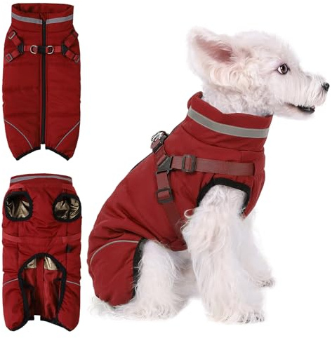 Poseca Hundejacken für den Winter Winddicht Wasserdicht 2 in 1 Outfit Kaltwettermantel Hundewestengeschirr Welpen Reißverschluss Warme Jacke