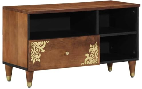 vidaXL TV Cabinet with Drawer Brown 80 x 33.5 x 46 cm Solid Mango wood, Living Room Storage, Modern Media Console, Rectangular Tv Stand, Indoor Furniture, Versatile Organization Unit, Compact Shelf