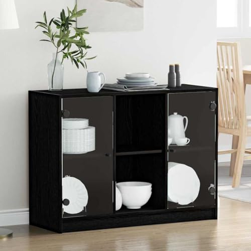 KTHLBRH Vitrine, Eiche, Schwarz, Bücherregal mit Glastüren, moderner und stabiler Aufbewahrungsschrank, 102 x 37 x 75,5 cm, Sperrholz