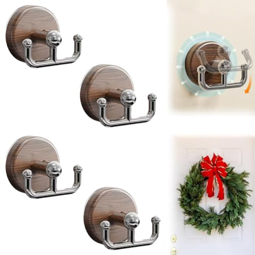 GYJZZW Ganci a ventosa multifunzione con venature del legno, ganci a ventosa per ghirlande per porte, ganci per tenda da doccia, per bagno, cucina, piastrelle, vetro e ghirlande natalizie (4 pezzi)