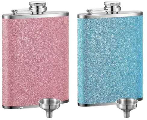 Flachmann, 4er Set Flachmänner mit pinkem Glitzer und Trichter, Schnapsgläser zum Umhängen, Edelstahl Flachmann 500 ml, ideal für unterwegs