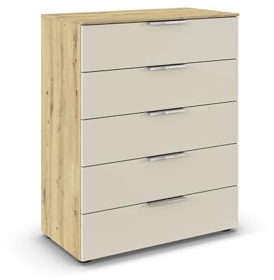 Rauch Möbel Flipp, Kommode, Farbe Beige/Eiche Artisan, Breite 80 cm | Sideboard, 5 Schubladen, Soft-Close-Funktion, für Schlafzimmer, Gästezimmer, Wohnzimmer, Garderobe, Flur