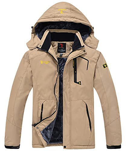 donhobo Herren Winter Fleecejacke Warm Softshelljacke Atmungsaktiv Outdoor Skijacke Winddichte Wasserdicht Funktionsjacke Regenmantel mit Kapuze (Khaki,L)