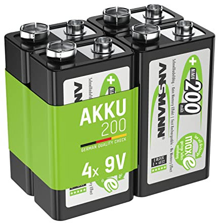 ANSMANN Akku 9V Block 200mAh NiMH 4 Stück mit geringer Selbstentladung - Wiederaufladbare Batterien maxE mit hoher Kapazität - 9 Volt Batterie für Messgerät Multimeter Spielzeug Fernbedienung uvm.