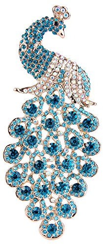 EVER FAITH Cristal Autrichien Élégant Animal Paon Plume Pendentif Broche Bleu Clair Ton d'or