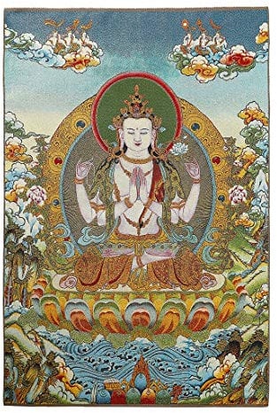 Prime Feng Shui Seidenstickerei tibetische Thangka mit grünem Tara/Kashgari Buddha/vier Arme Kwan Yin Avalokitesvara Wandbehang für Heimdekor Thangka Meditation, Satin, Kt038