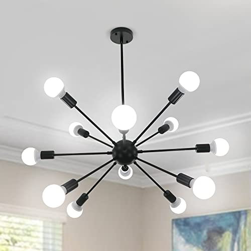 LynPon Sputnik Kronleuchter 12 Flammig, Schwarz Pendelleuchte Retro, Lampe Deckenlampe Vintage Deckenleuchte Nordic für Wohnzimmer, Schlafzimmer, Esszimmer Industriell Landhaus…