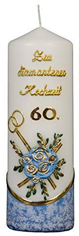 Meissner-Handel Auswahl * Stumpenkerze ''Zur Diamantenen Hochzeit'' * 6 x 18 cm * blau * mit farbigen Wachsauflagen * (Motiv 004) Auswahl Motiv + Farbe