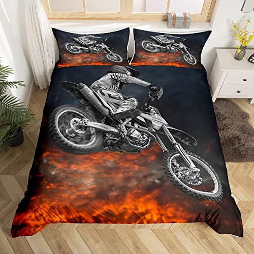 Loussiesd 3D Motocross Bettwäscheset Grau Kinder Jungen Bettwäsche Extremsport Thema Bettbezug 135x200cm Motorrad Sport Biker Lokomotive Drucken mit 1 Reißverschluss 1 Kissenbezug 80x80cm